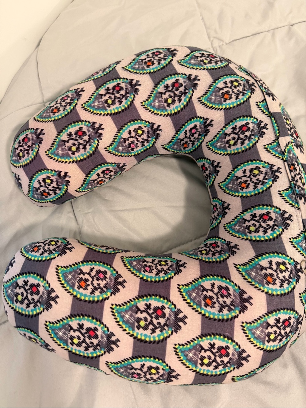 Travel Neck Pillow in Gray and Teal Paisley Pattern